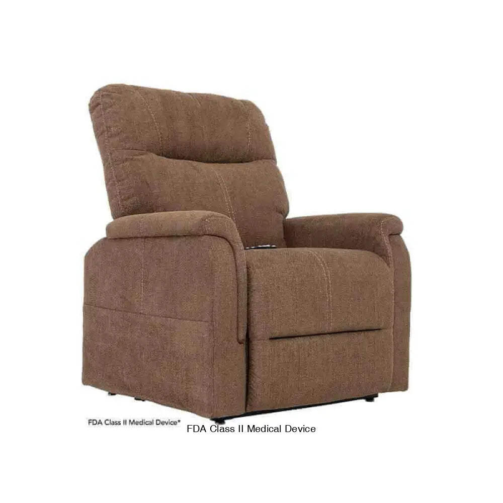 Light Brown Mega Motion MM-3620 lift chair recliner with heat & massage ,in upright position with backrest straight to sit upright
