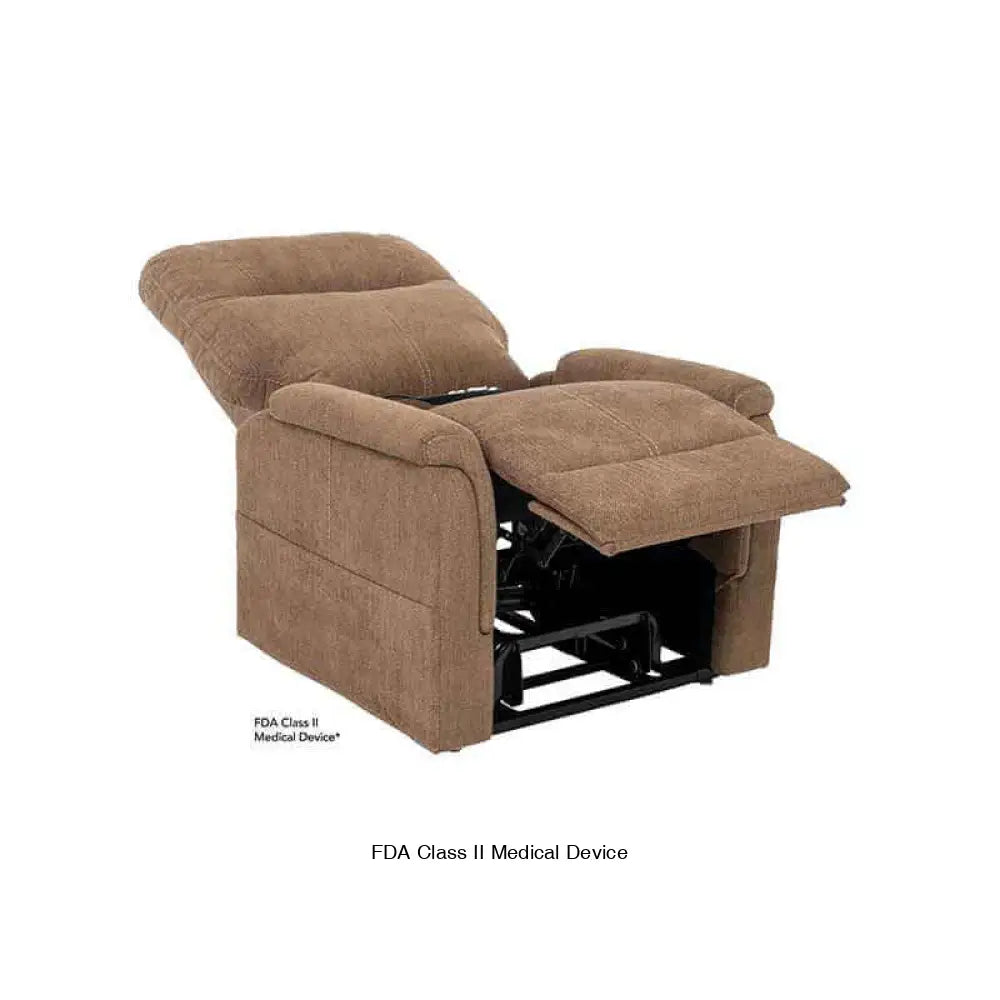 Light Brown Mega Motion MM-3620 lift chair recliner with heat & massage, in a napping position for a good nap with footrest elevated high