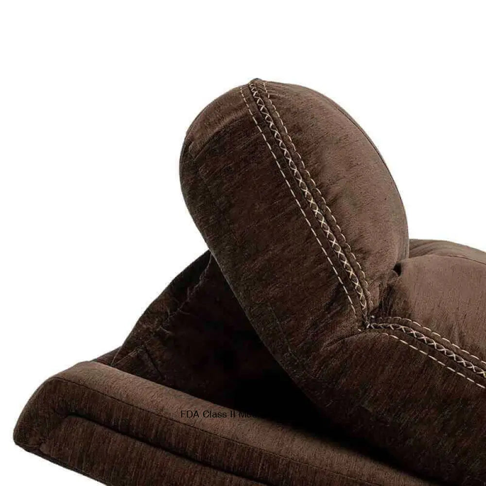 Mink Brown Mega Motion MM-3710 Infinite Position Lift Chair. Close-up of headrest, showing detailed stitching & soft cushioning