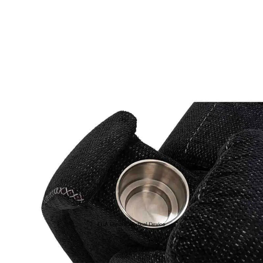 Close-up view of cup holder highlighting the fabric texture and stitching on black Mega Motion MM-3712 Power Lift Recliner with 3-Zone Heat