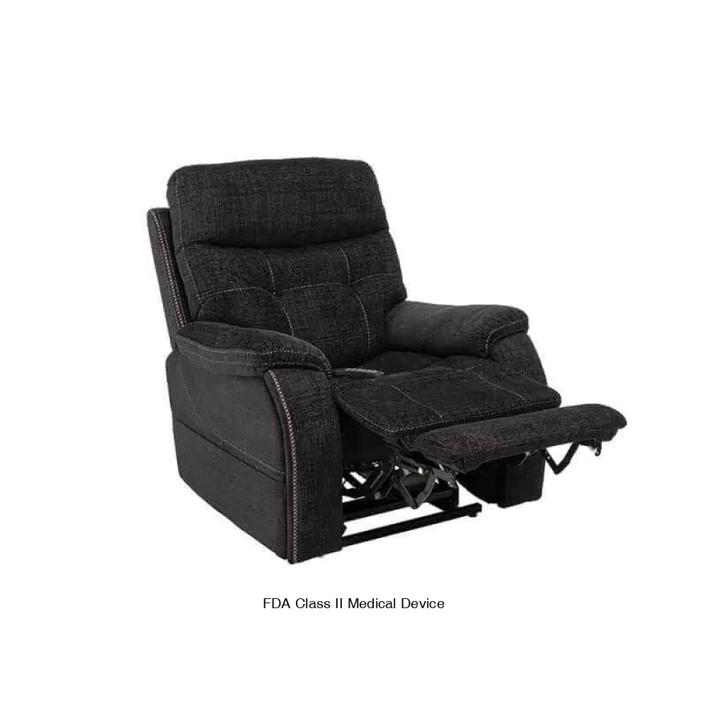 Black Mega Motion MM-3712 Power Lift Recliner with 3-Zone Heat. Shown with backrest upright & footrest elevated high. Ideal for watching TV