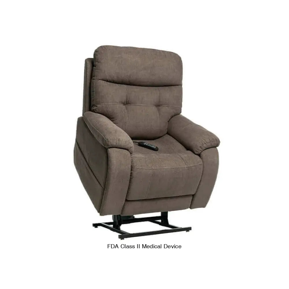 Black Mega Motion MM-3712 Infinite Position Lift Chair with 3-Zone Heat, featuring a cup holder. Shown lifting up to help user stand up