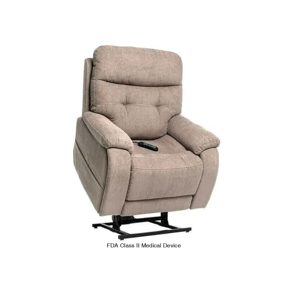 Mega Motion MM-3712 Power Lift Recliner in stone color, shown with lift mechanism lifting up tilting seat forward to help user stand up