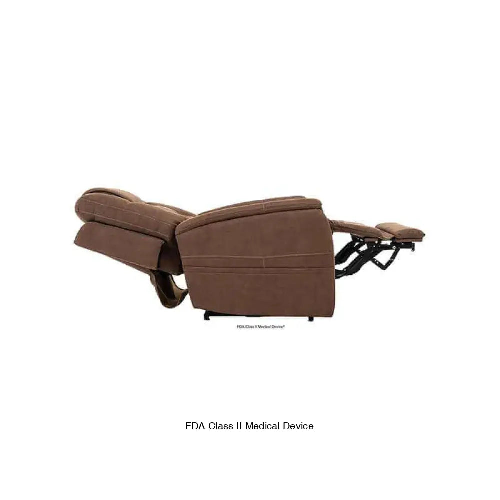 Brown Mega Motion MM-3730 Lift Chair with lumbar support, reclined to a near-flat position, resembling a bed.