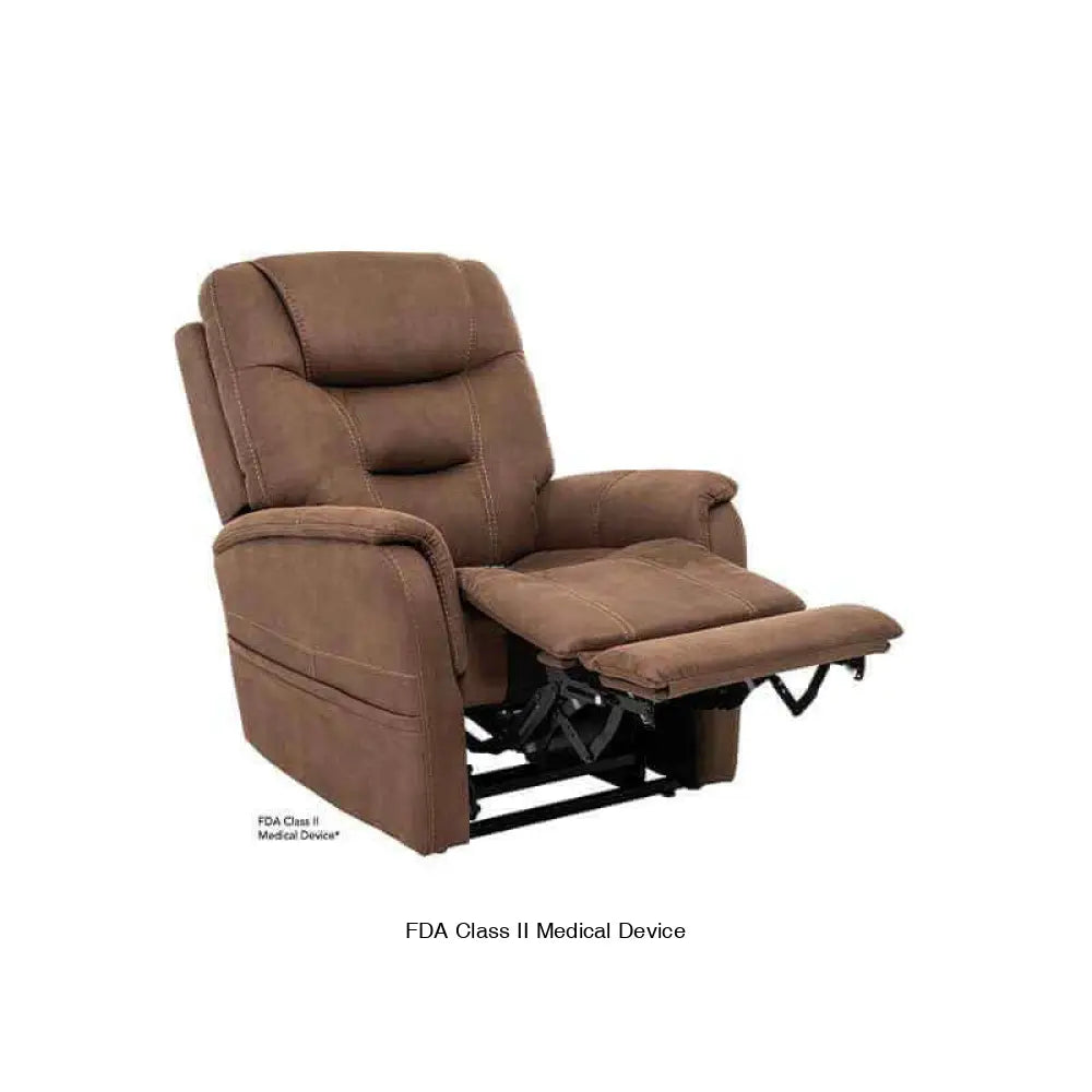 Brown Mega Motion MM-3730 Lift Chair with lumbar support, reclined to a TV-watching position with footrest elevated for optimal comfort