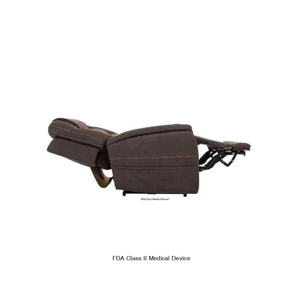 Dark Brown Mega Motion MM-3730 Lift Chair with lumbar support, reclined to a near-flat position, resembling a bed to sleep comfortably