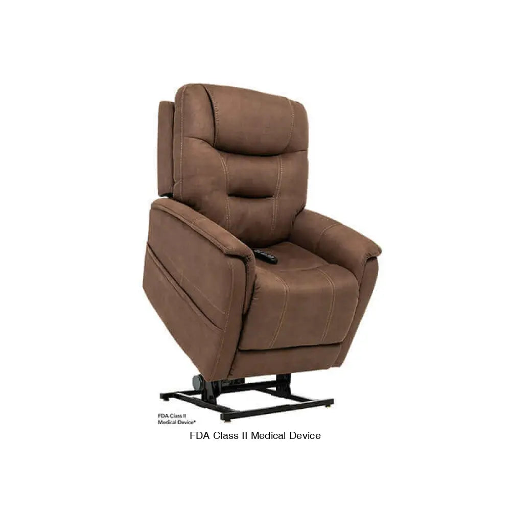 Brown Mega Motion MM-3730 Lift Chair with Lumbar support, shown with lift mechanism lifting up tilting seat forward to help user stand up