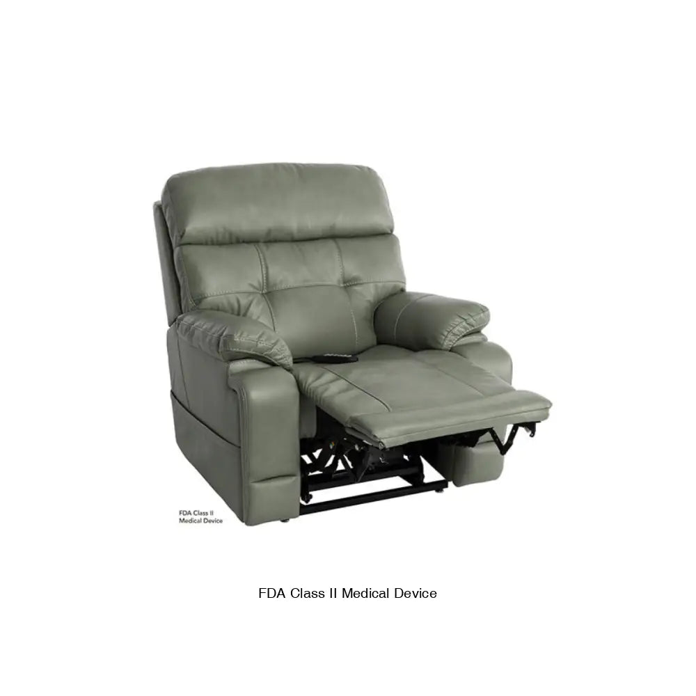Mega Motion 3815 lift recliner in olive color, in TV watching position with backrest upright & footrest  elevated all the way up