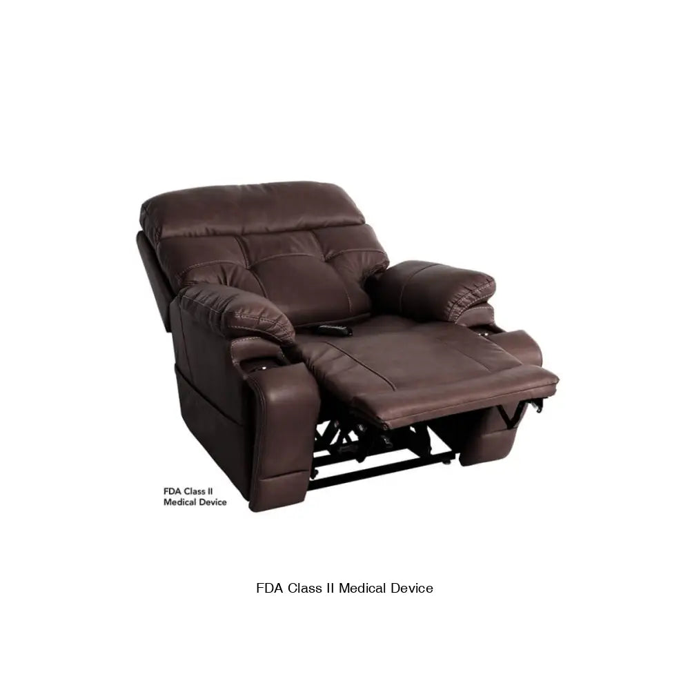 Mega Motion 3815 lift recliner chair in walnut color, reclined to napping position with backrest slightly recline & footrest elevated
