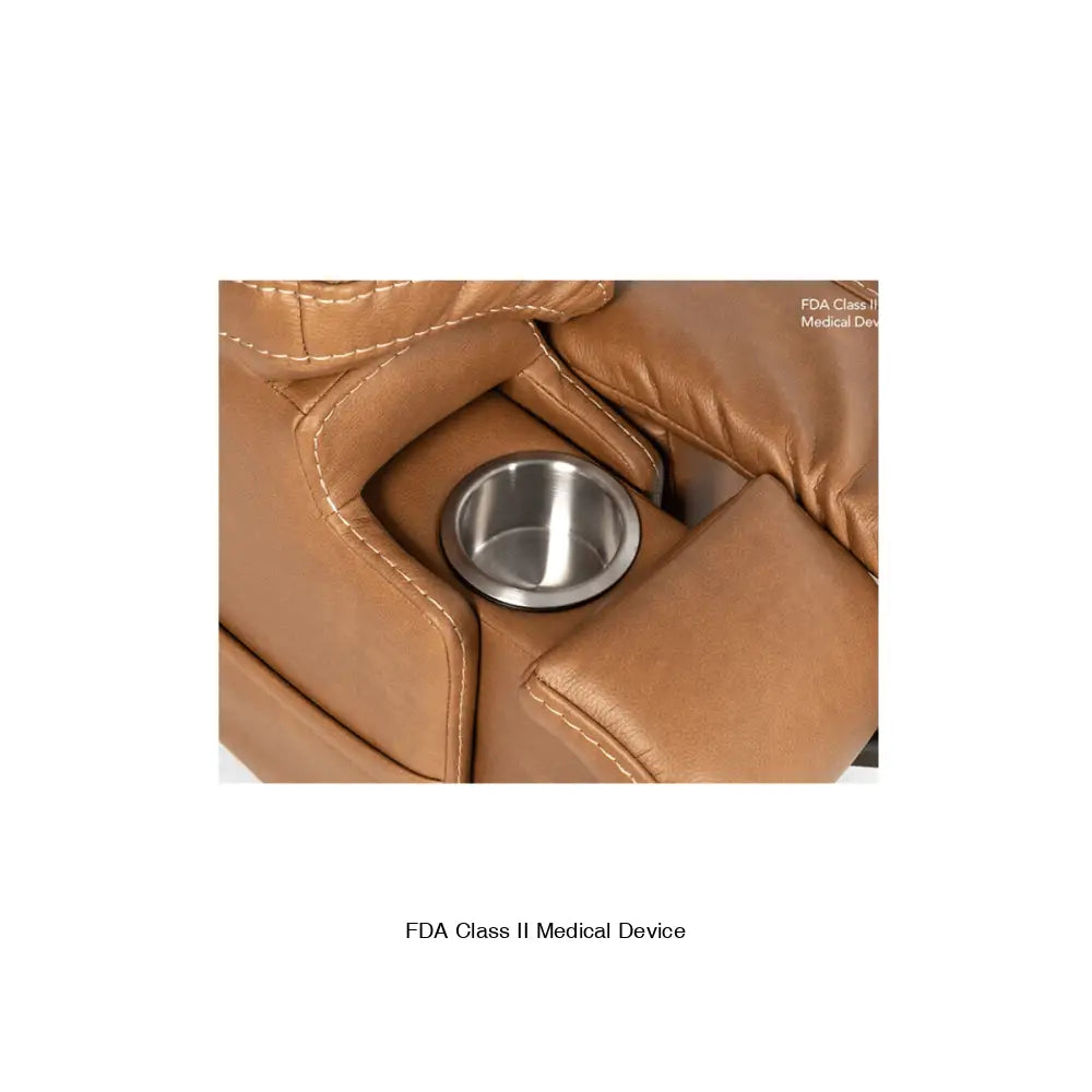 Mega Motion 3815 lift recliner in saddle color, showing cupholder