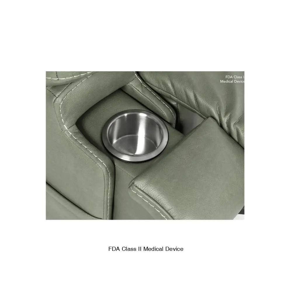 Mega Motion 3815 power lift recliner in olive color, showing cupholder