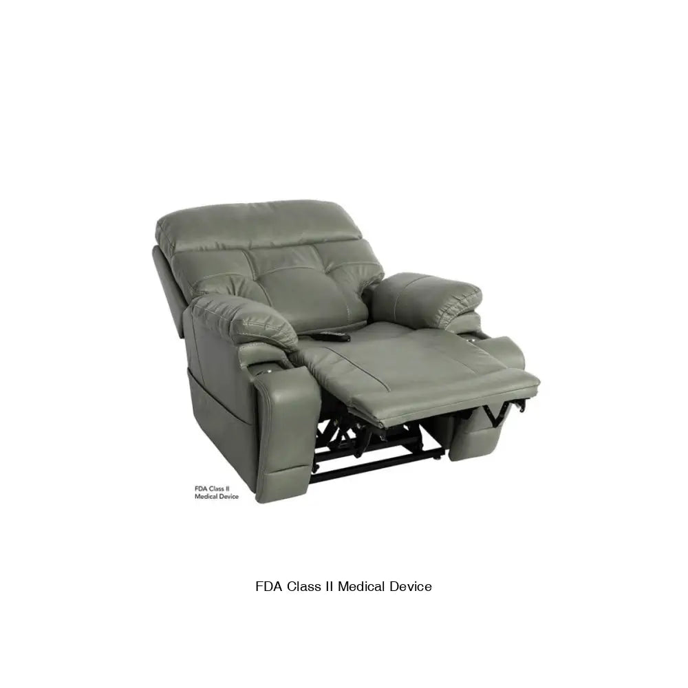 Mega Motion 3815 recliner lift chair in olive color, reclined to nap position with backrest slightly angle & footrest raised high