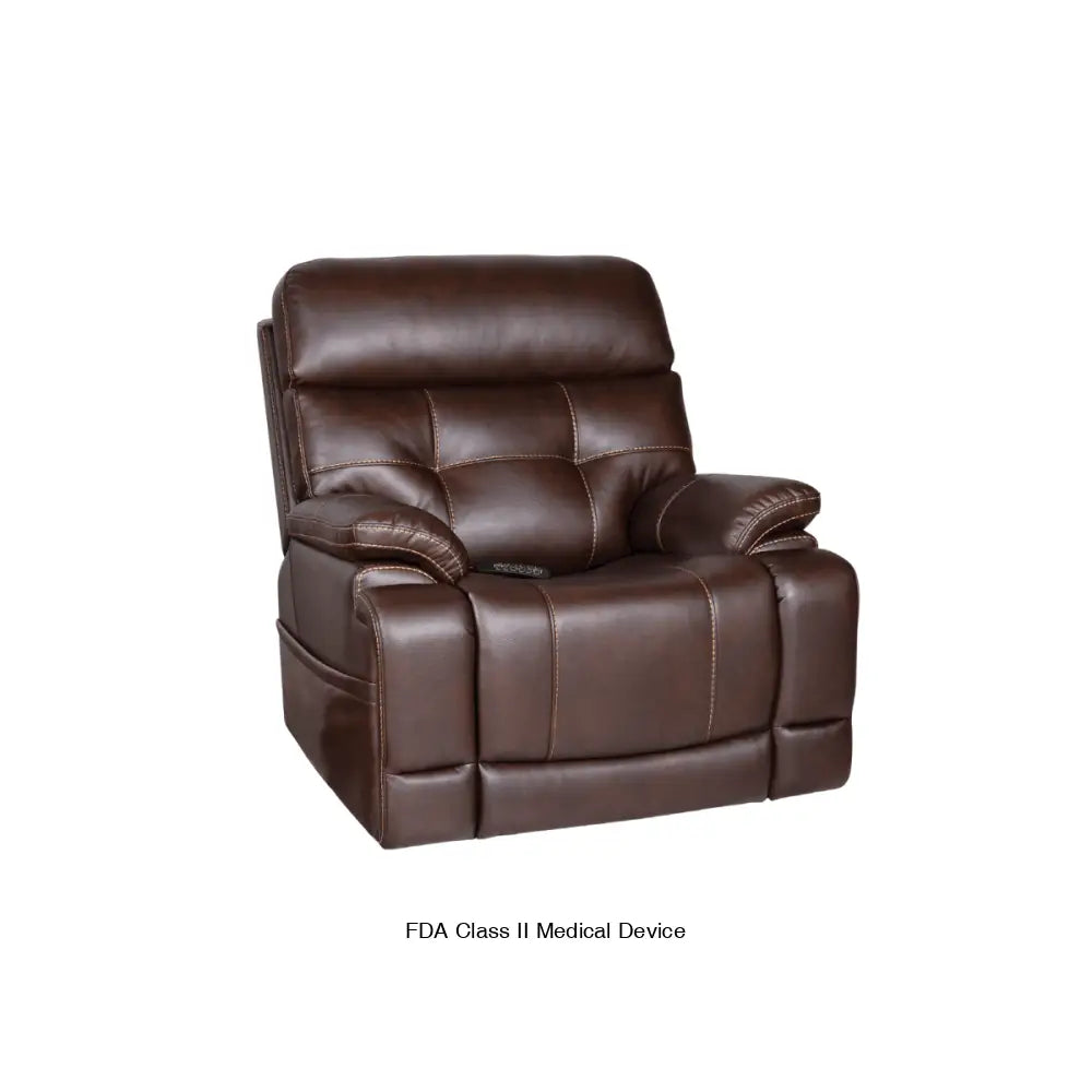 Mega Motion 3815 power lift recliner in walnut color, sitting upright with side pockets & footrest lowered.