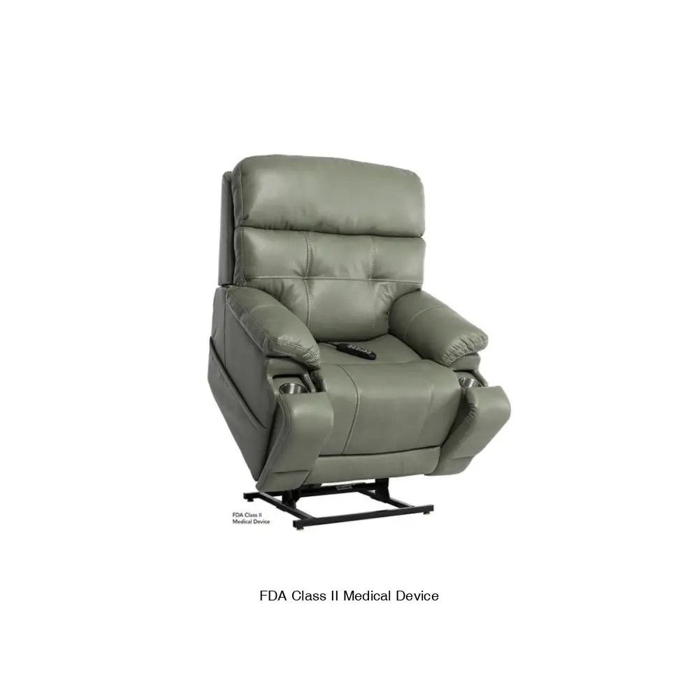 Mega Motion 3815 lift recliner chair in olive color with 2 cupholders, lifting up to assist user to stand.