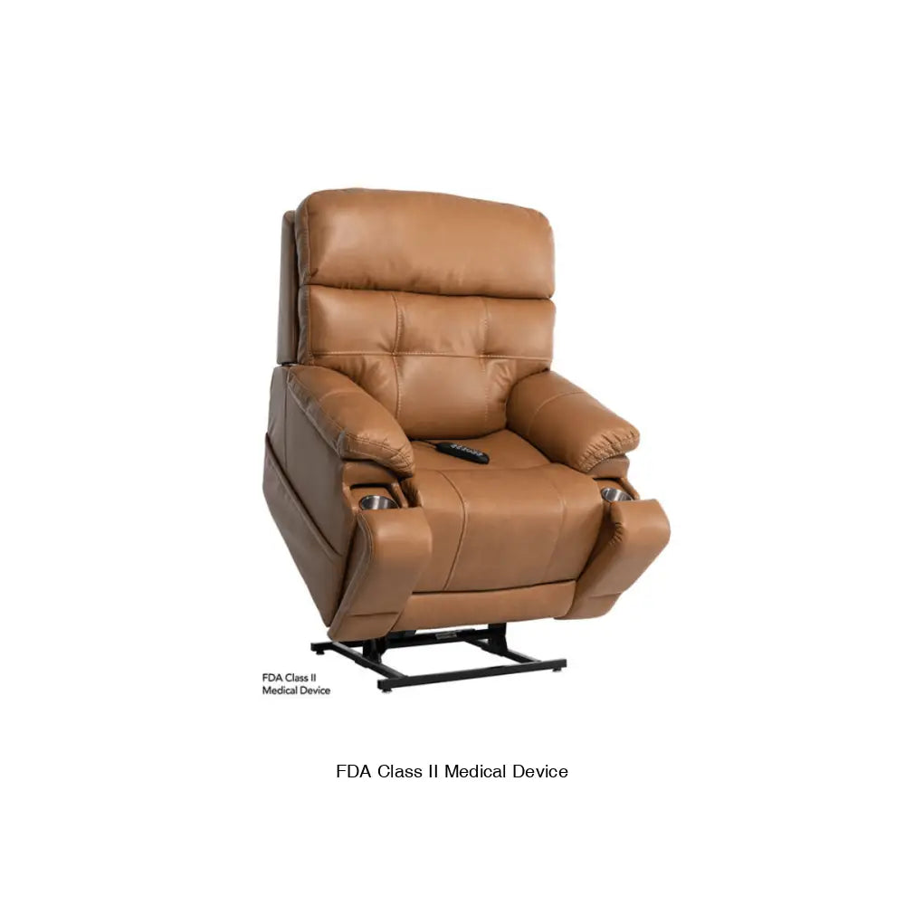 Mega Motion 3815 lift recliner in saddle color with cup holders, lifted up to assist user in standing on their own