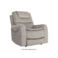 Mega Motion power lift recliner in dove color, sitting upright with two side pockets