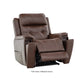 Mega Motion power lift recliner in coffee brown color, sitting upright with leg rest slightly raised and cupholders showing.