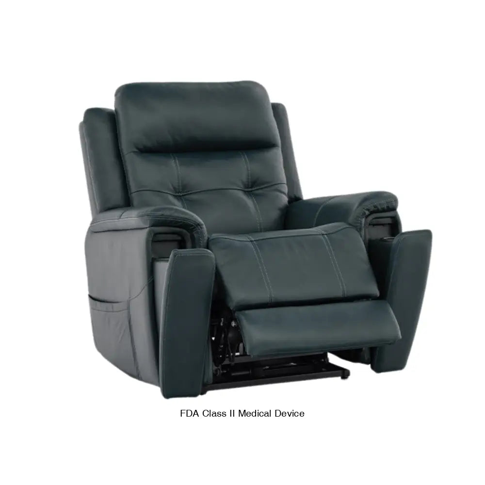 Mega Motion lift chair in teal color, sitting upright with leg rest slightly elevated and cupholders showing.