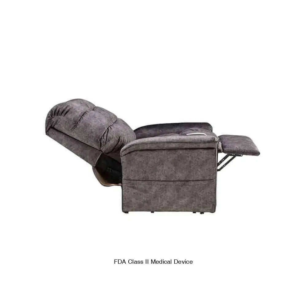 Mega Motion MM-5001 Lift Recliner Chair in graphite gray, reclined to napping position with footrest elevated all the way up for a good rest
