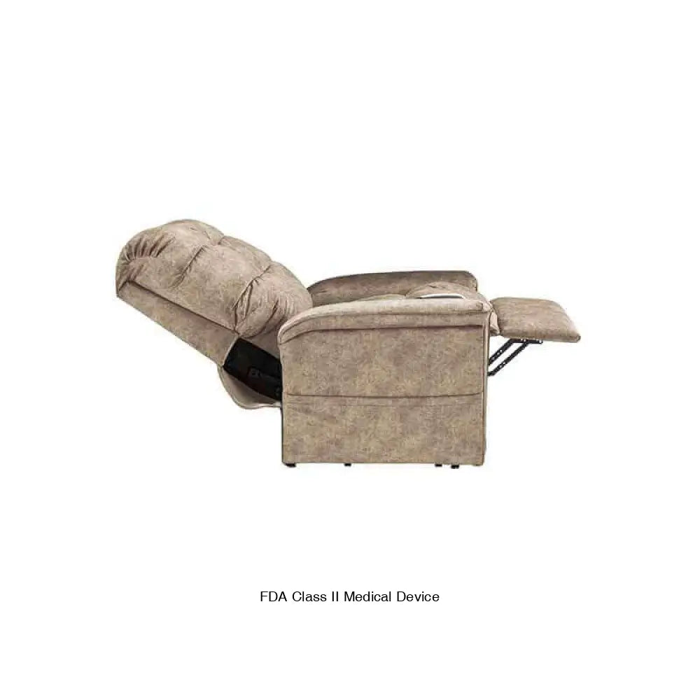 Mega Motion MM-5001 Lift Recliner Chair in mushroom color, reclined to napping position with footrest elevated all the way up for a good rest