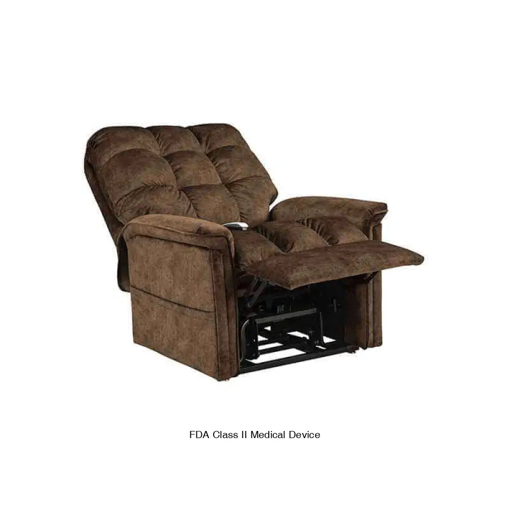 Chocolate color Mega Motion MM-5001 Lift Recliner Chair, reclined to napping position with footrest elevated high for optimal relaxing