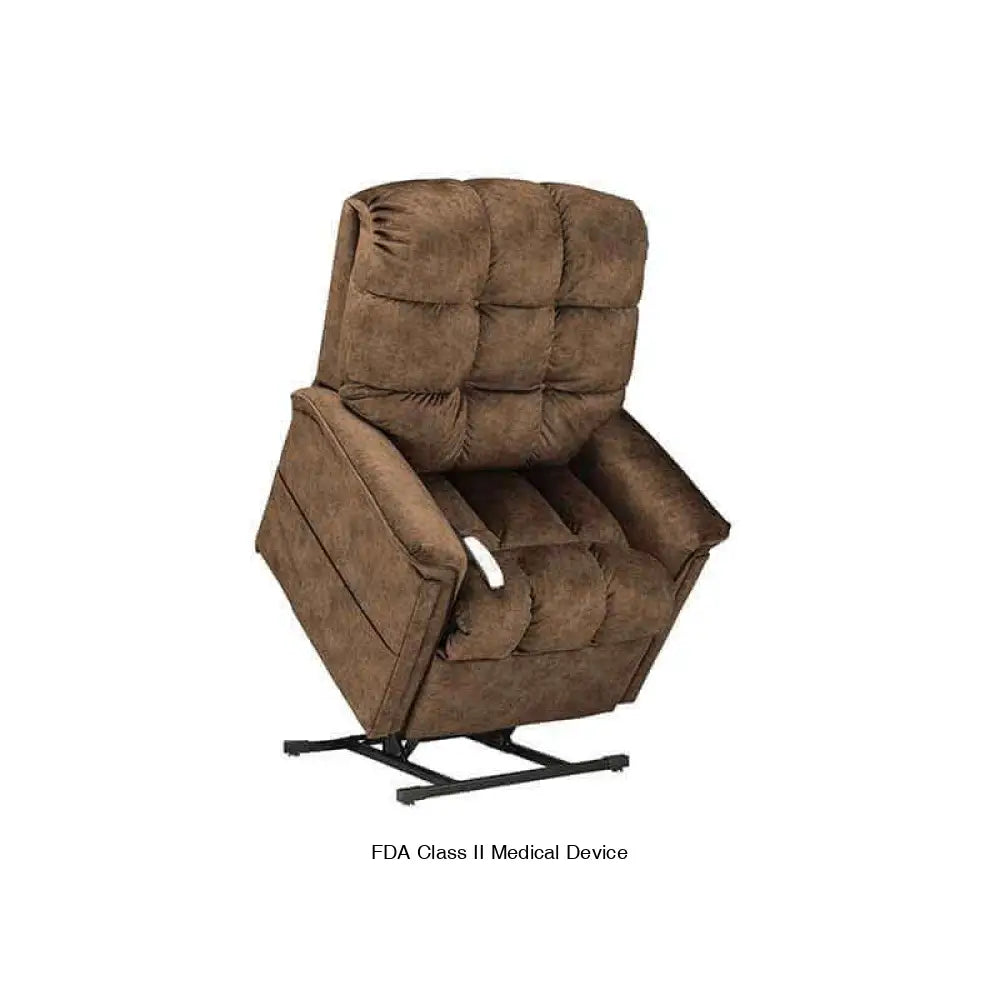 Chocolate color Mega Motion MM-5001 Lift Recliner Chair, tilted forward to assist in standing up with lots of cushioning