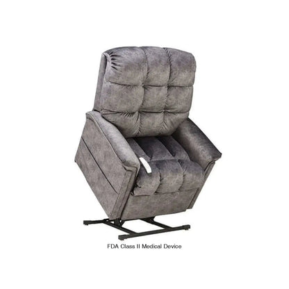 Mega Motion MM-5001 Lift Recliner Chair in graphite gray, slightly lifted with the seat tilted forward to aid in standing.