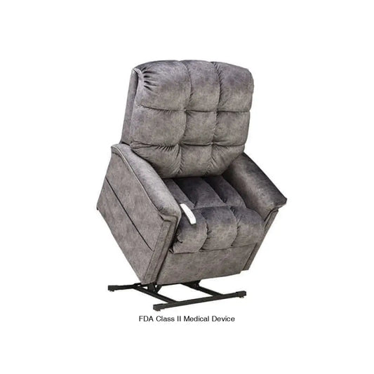 Mega Motion MM-5001 Lift Recliner Chair in graphite gray, slightly lifted with the seat tilted forward to aid in standing.