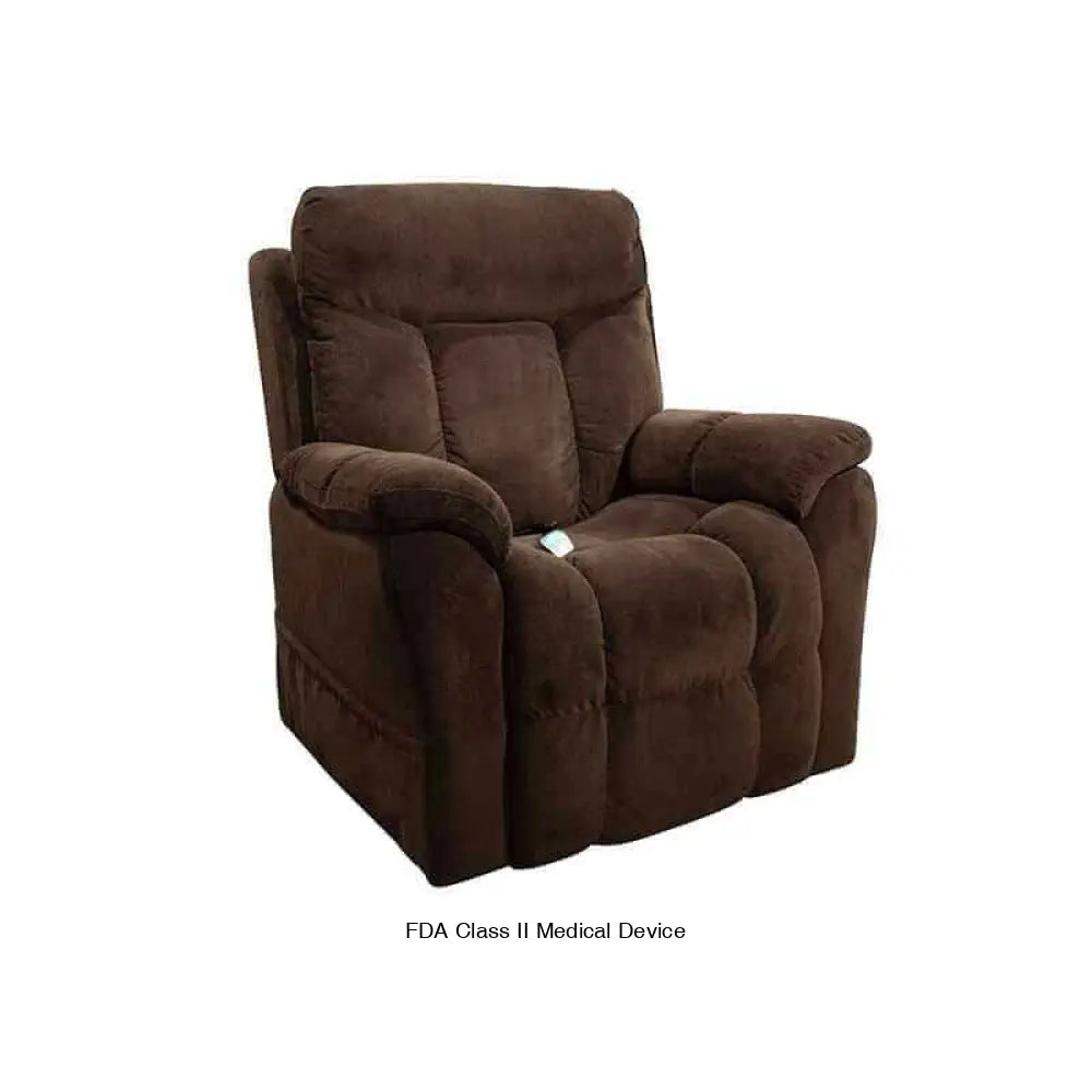Brown Mega Motion MM-5300 Power Lift Recliner with lots of cushioning, shown sitting upright featuring side pockets for storage