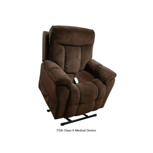 Brown Mega Motion MM-5300 Power Lift Recliner with lots of cushioning, lifting up the seat tilted forward to aid in standing up