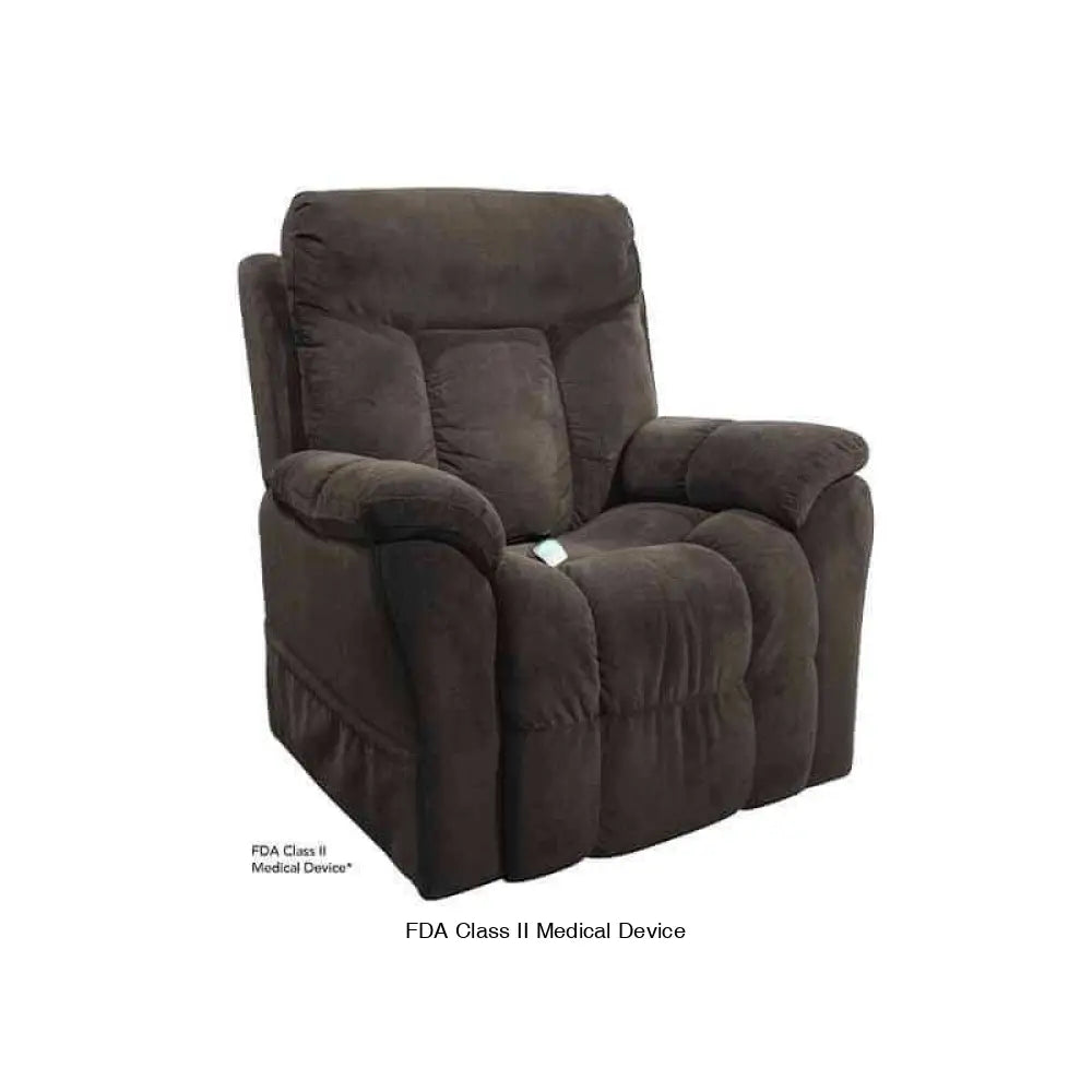 Steel color Mega Motion MM-5300 Power Lift Chair with lots of cushioning, shown sitting upright featuring side pockets for storage