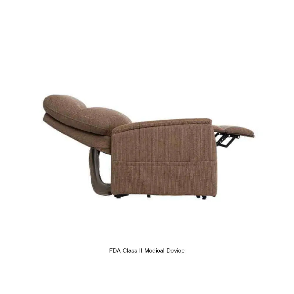 Mega Motion MM-6410 Petite Lift Chair in light cherry, fully reclined with footrest raised high & back almost flat. Great for taking a nap