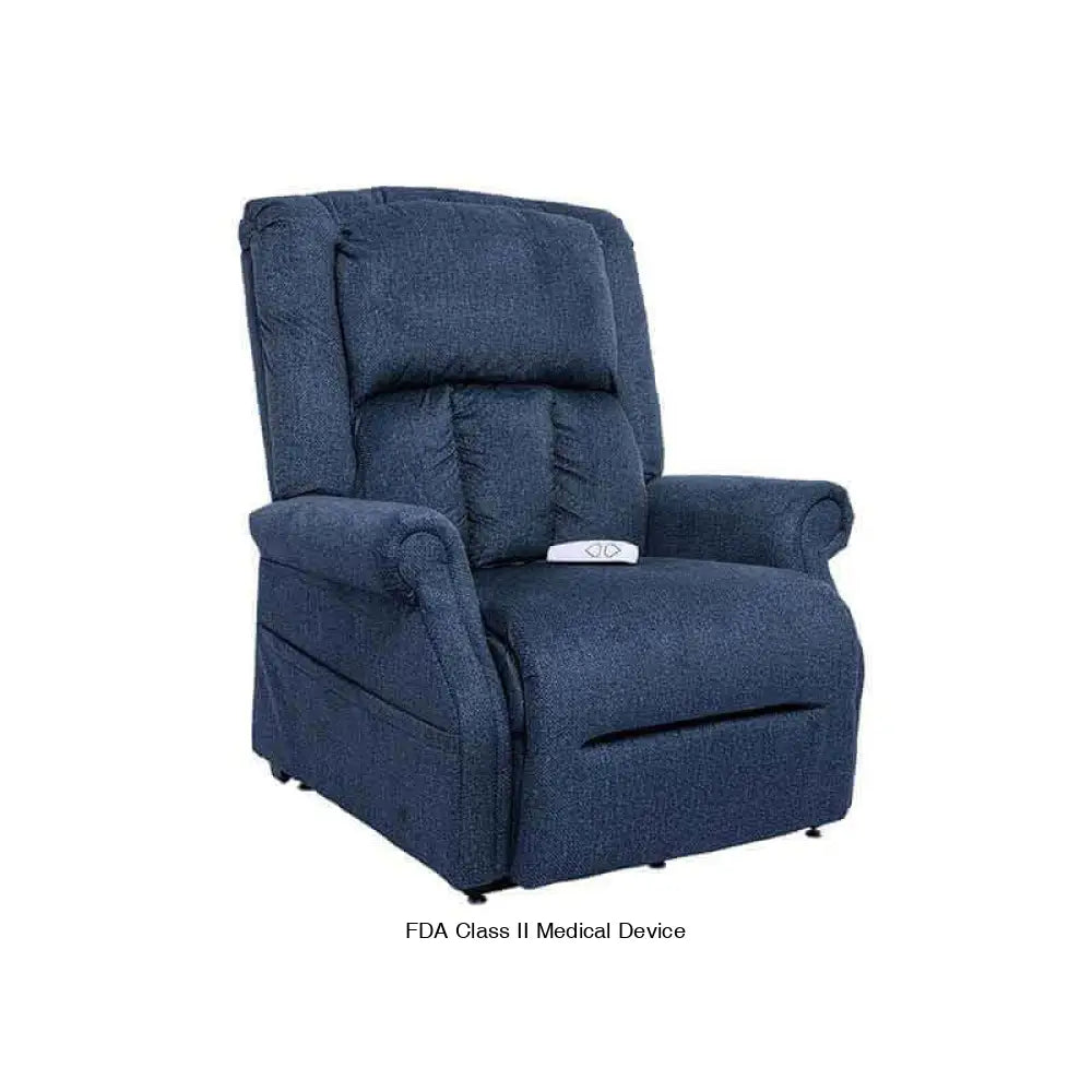 Blue Mega Motion Heavy Duty Lift Chair 500lb with Heat & Massage featuring side pockets, shown in upright position & footrest down