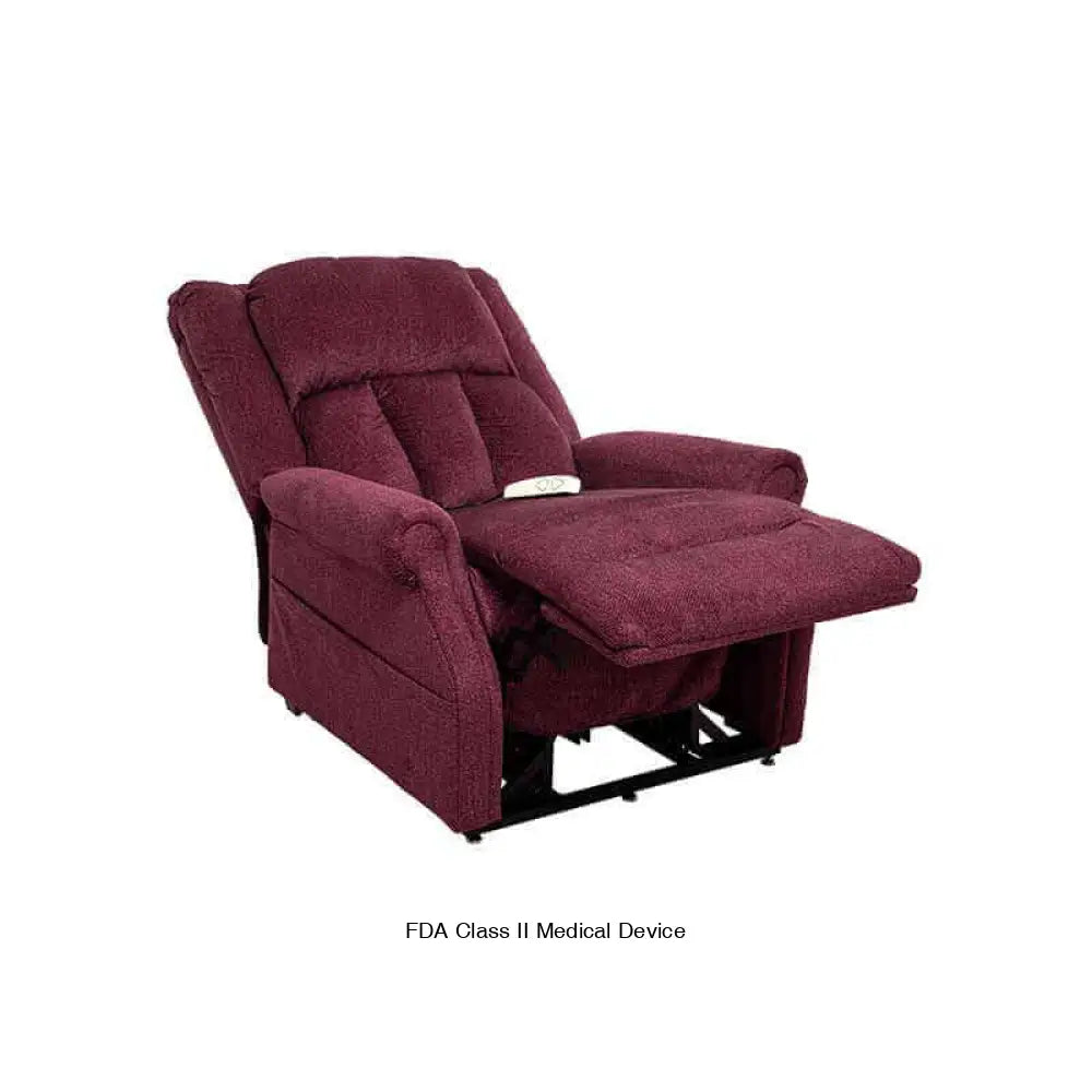 Wine Red Mega Motion Heavy Duty Lift Chair 500lb with Heat & Massage, in partially reclined position with leg rest raised high ready to take a nap