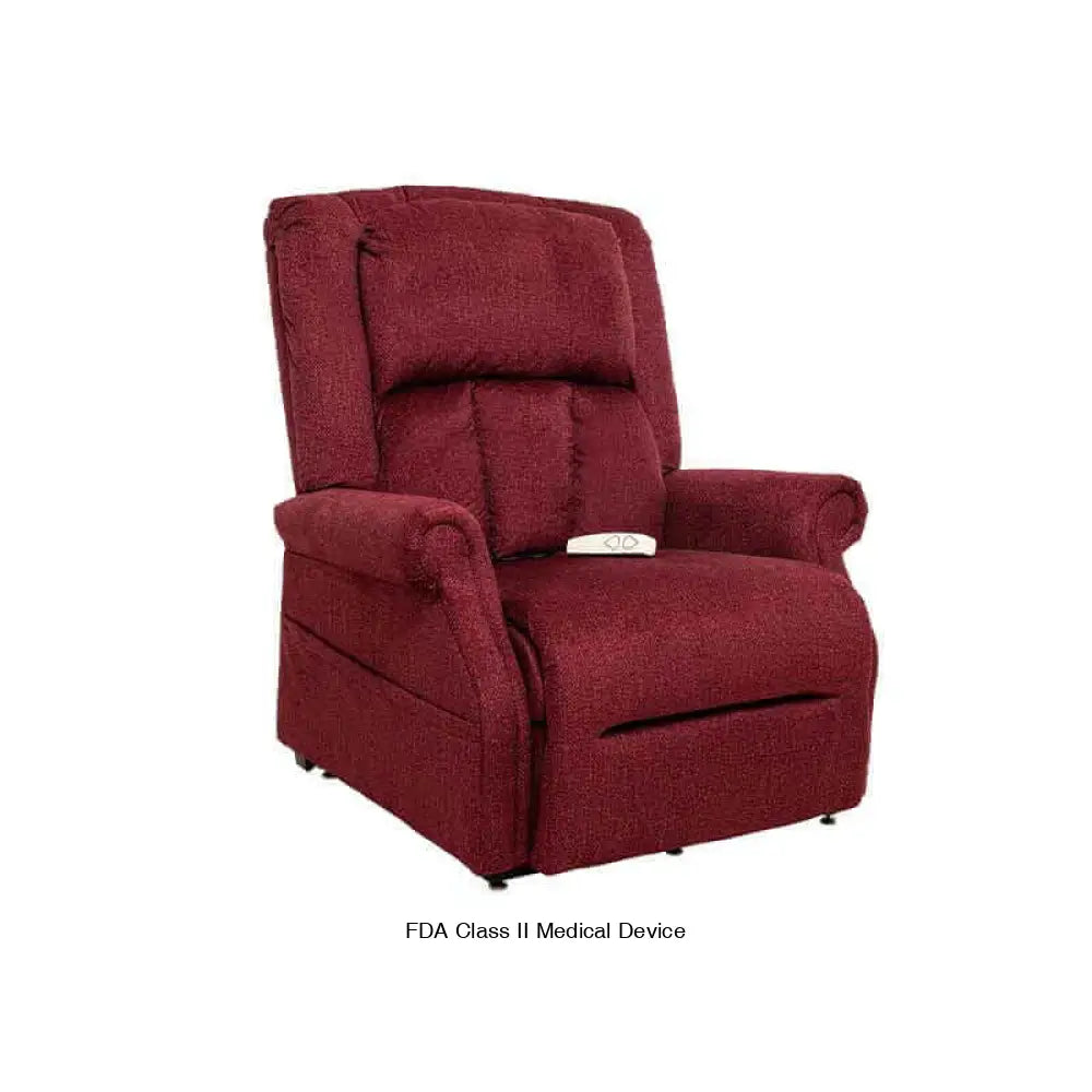 Wine Red Mega Motion Heavy Duty Lift Chair 500lb with Heat & Massage, shown in upright position & footrest down ready for sitting upright