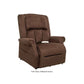 Brown Mega Motion Heavy Duty Lift Chair 500lb with Heat & Massage featuring side pockets, shown in upright position