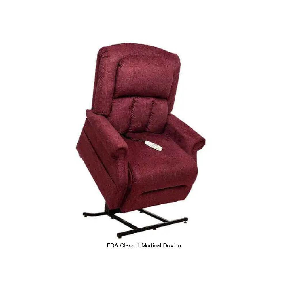 Red Wine Mega Motion Heavy Duty Lift Chair 500lb, shown in lift position with seat tilted forward. Designed to support up to 500 pounds