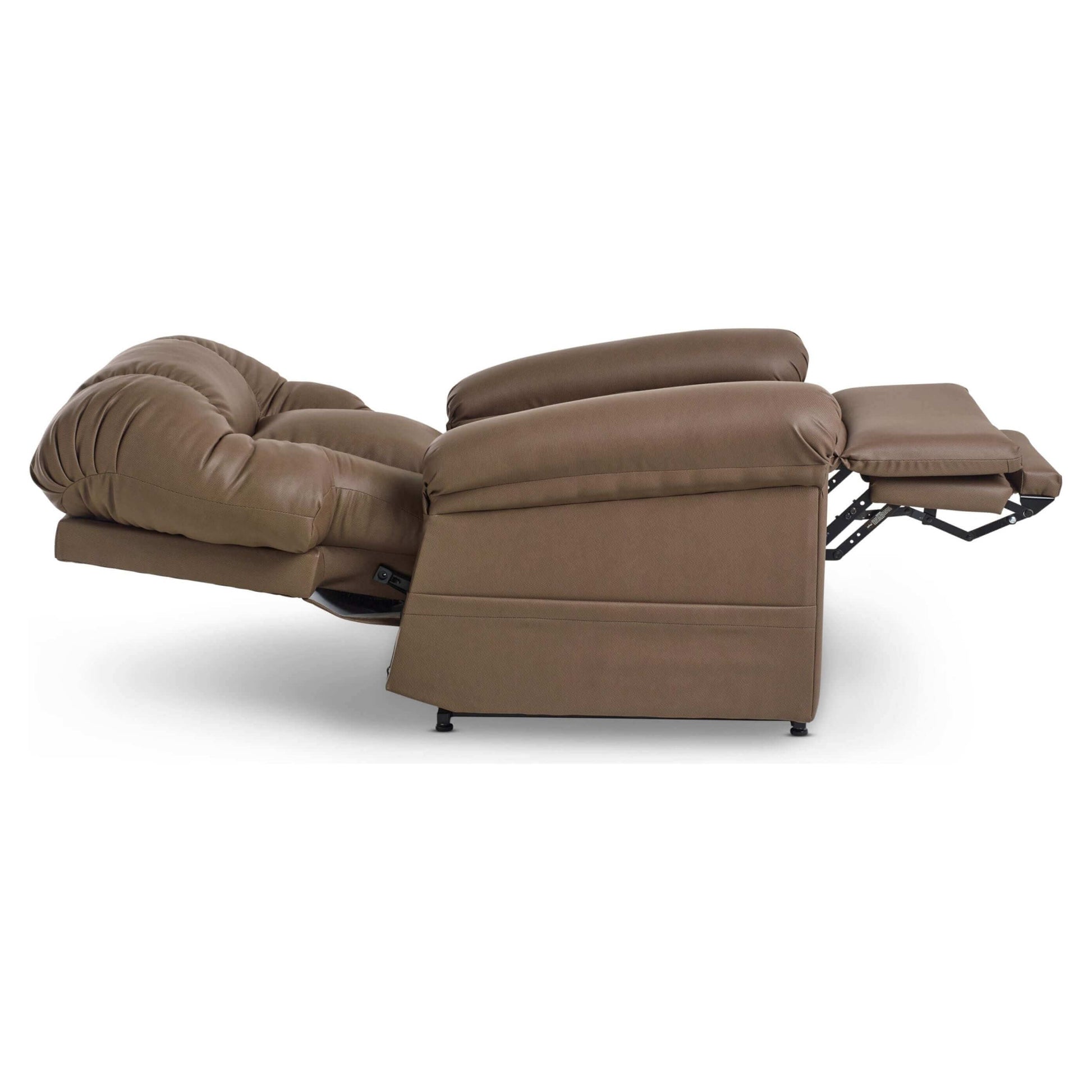 Perfect Sleep Chair covered in chocolate Miralux fabric, reclined to layflat sleeping position with footrest raised
