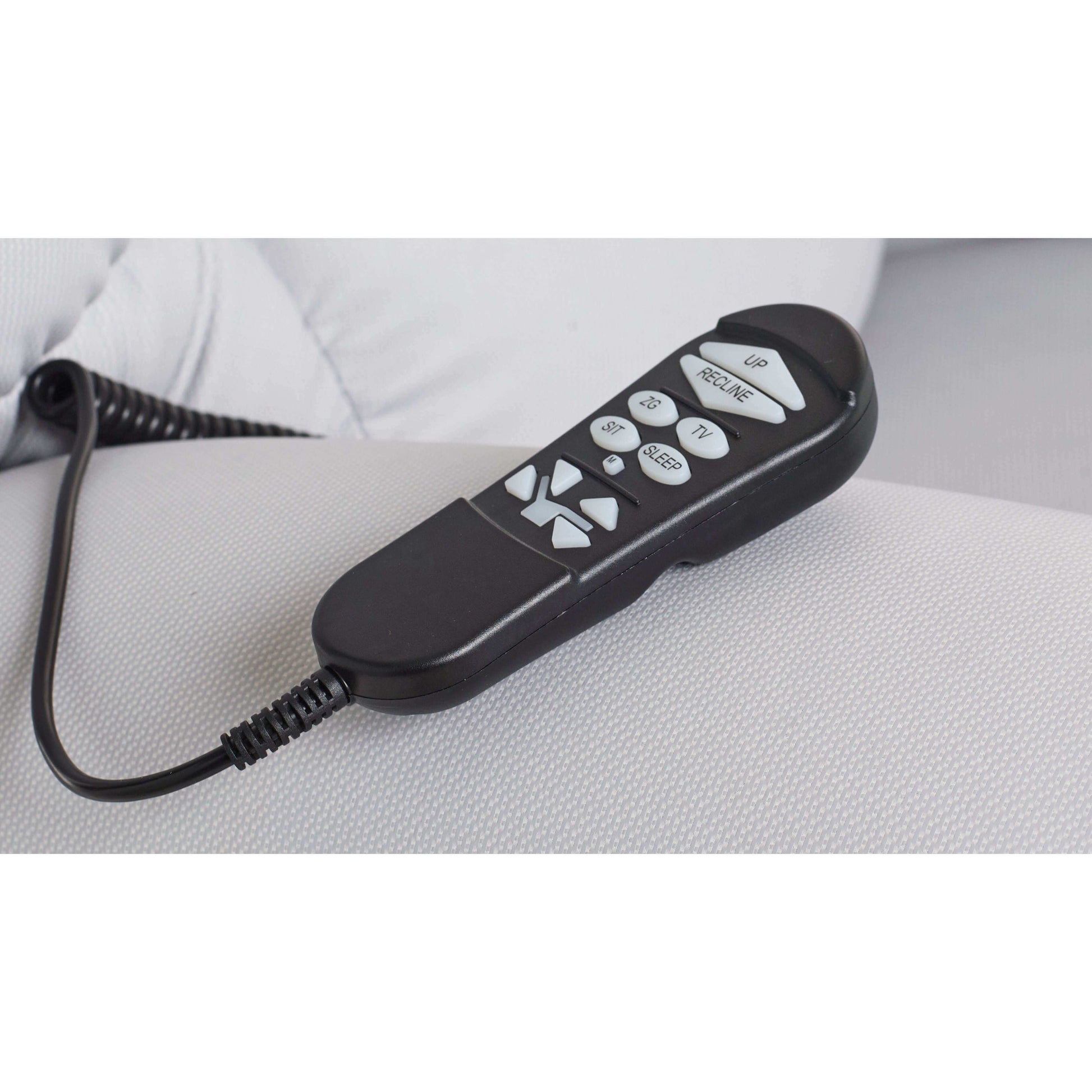 Black ergonomic remote control for Perfect Sleep Chair, featuring white buttons for multiple recline positions.